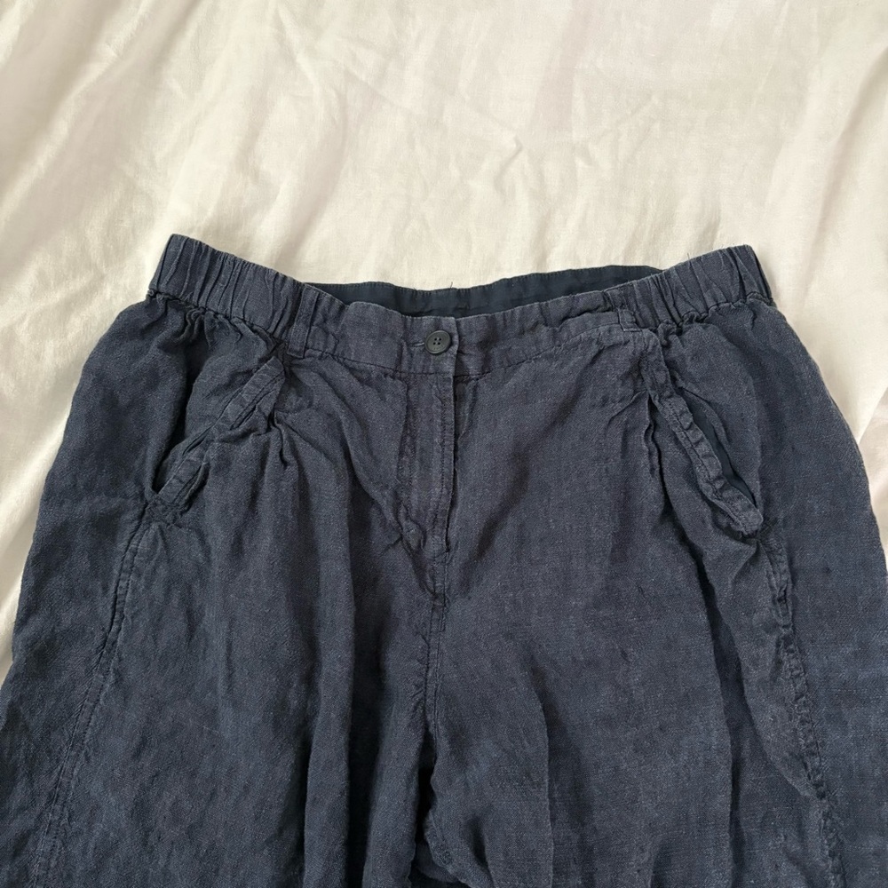 Poetry Tailored Trousers V784 Washed Navy Blue 100% Linen Pants Size 14 cropped - Picture 2 of 6